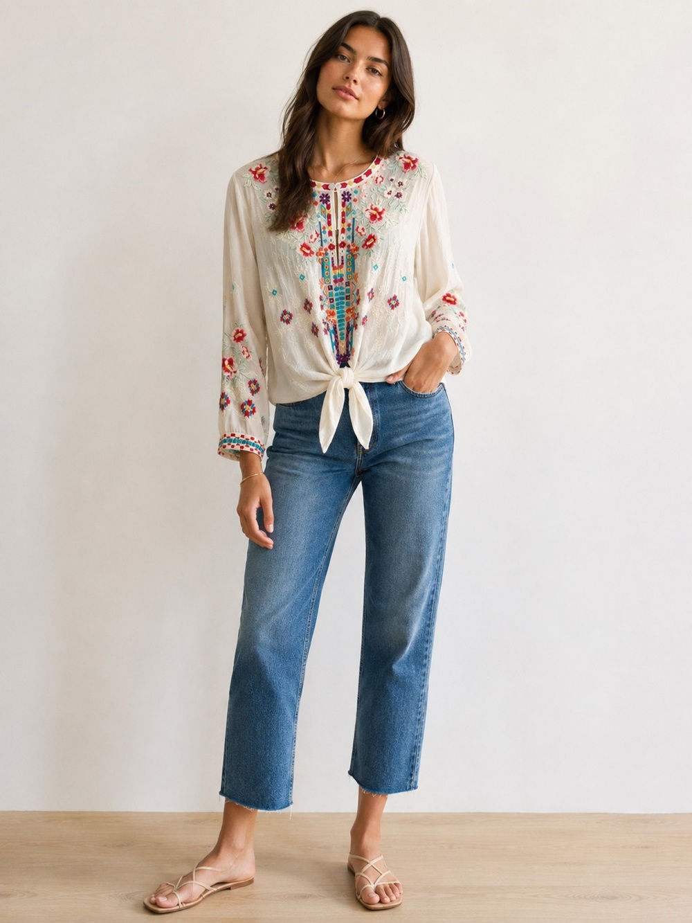 Johnny Was Embroidered Boho Floral Cupra Rayon Blouse Top Medium